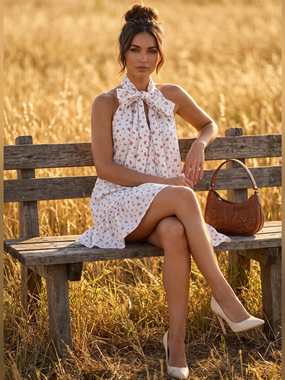 White Floral Tie-Neck Mini Dress